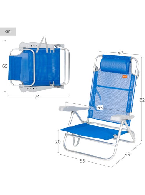 Aktive pack de 2 sillas de playa plegables y reclinables 8 posiciones azul c/cojín - Kiabi