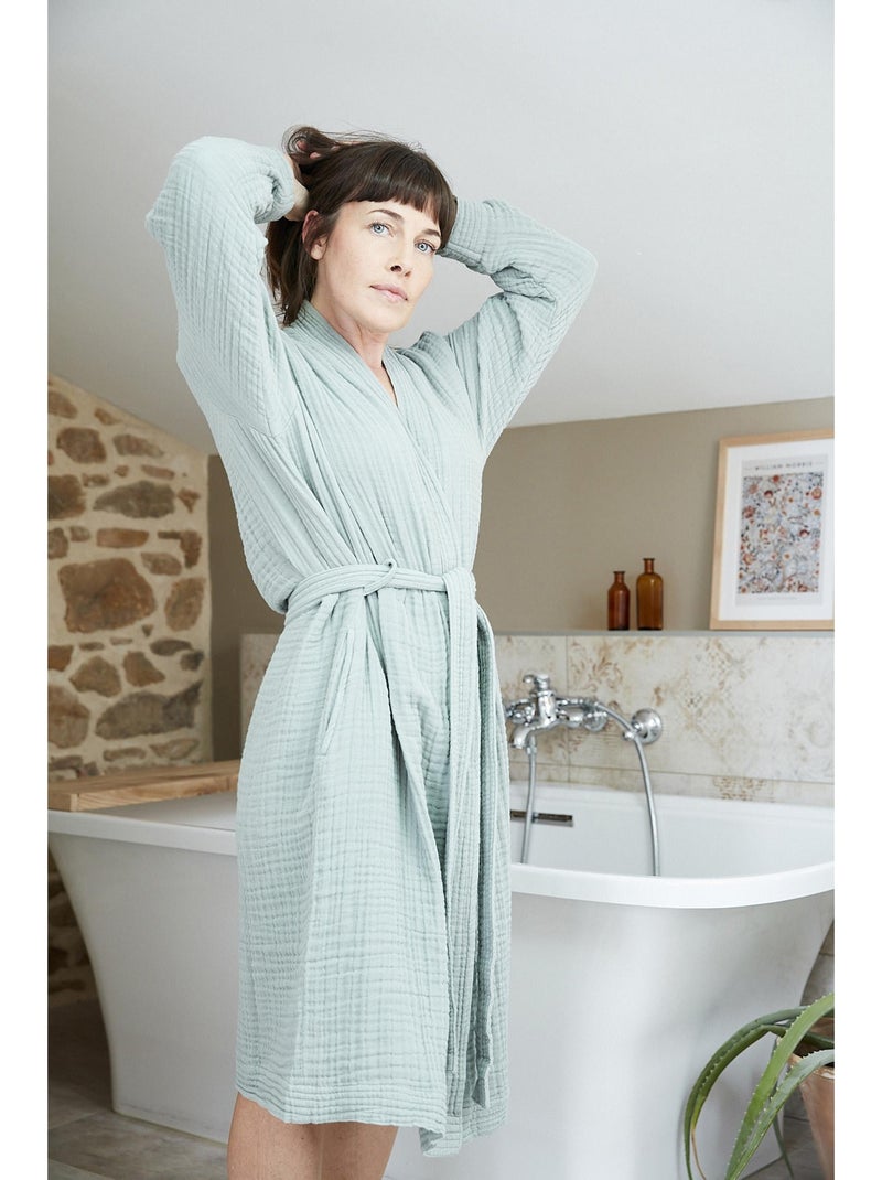 Albornoz kimono unisex de cuádruple gasa de algodón 220 g/m² Verde eucalipto - Kiabi