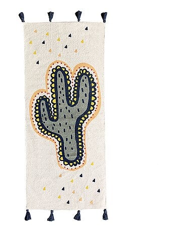 Alfombra de algodón tejido LALAMA 'Future Home' cactus con pompón azul 50 x 120 cm