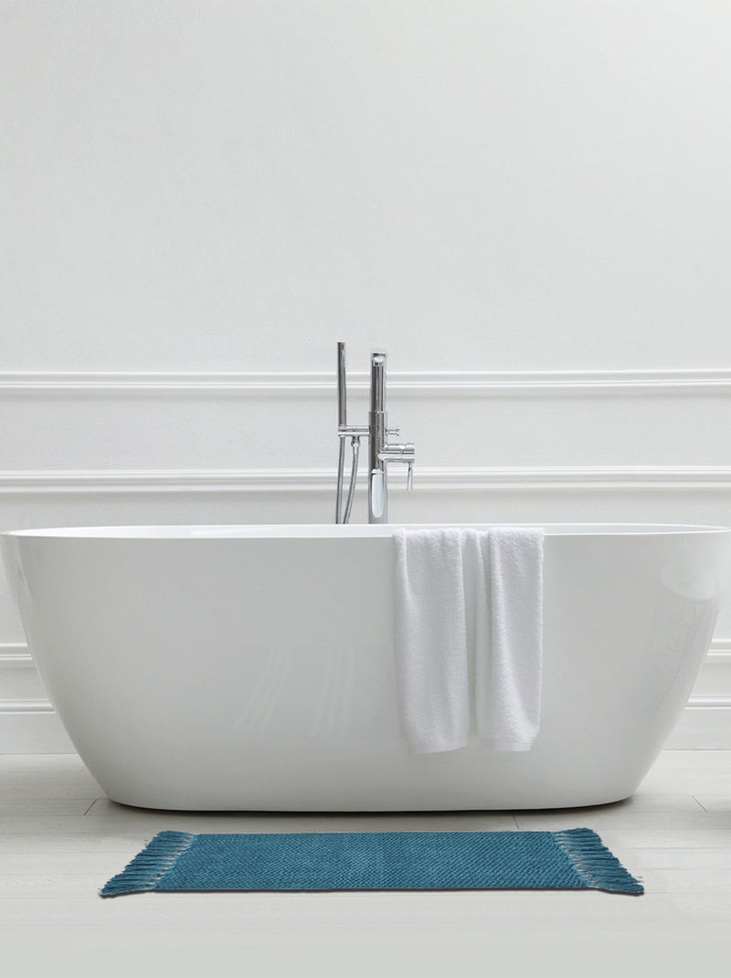 Alfombra de baño decorativa lisa con pompones de algodón chenilla Azul petróleo - Kiabi