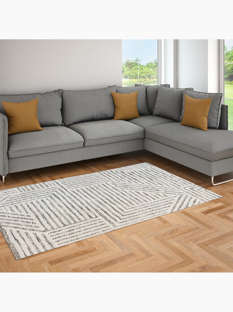 Alfombra de salón de algodón tejido JIVE geométrica retro 140 x 200 cm – Future Home Blanco crudo Negro - Kiabi