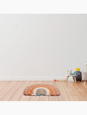 Alfombra de salón de yute arcoíris redonda con borlas de colores 72 x 52 cm – Future Home