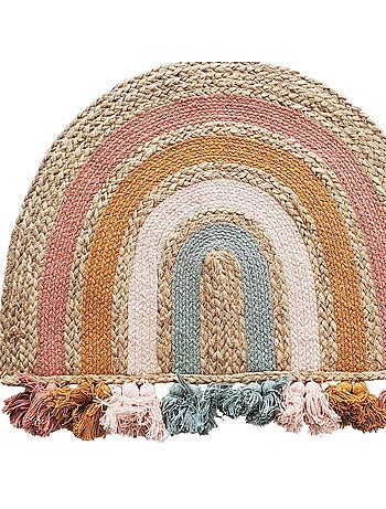 Alfombra de salón de yute arcoíris redonda con borlas de colores 72 x 52 cm – Future Home