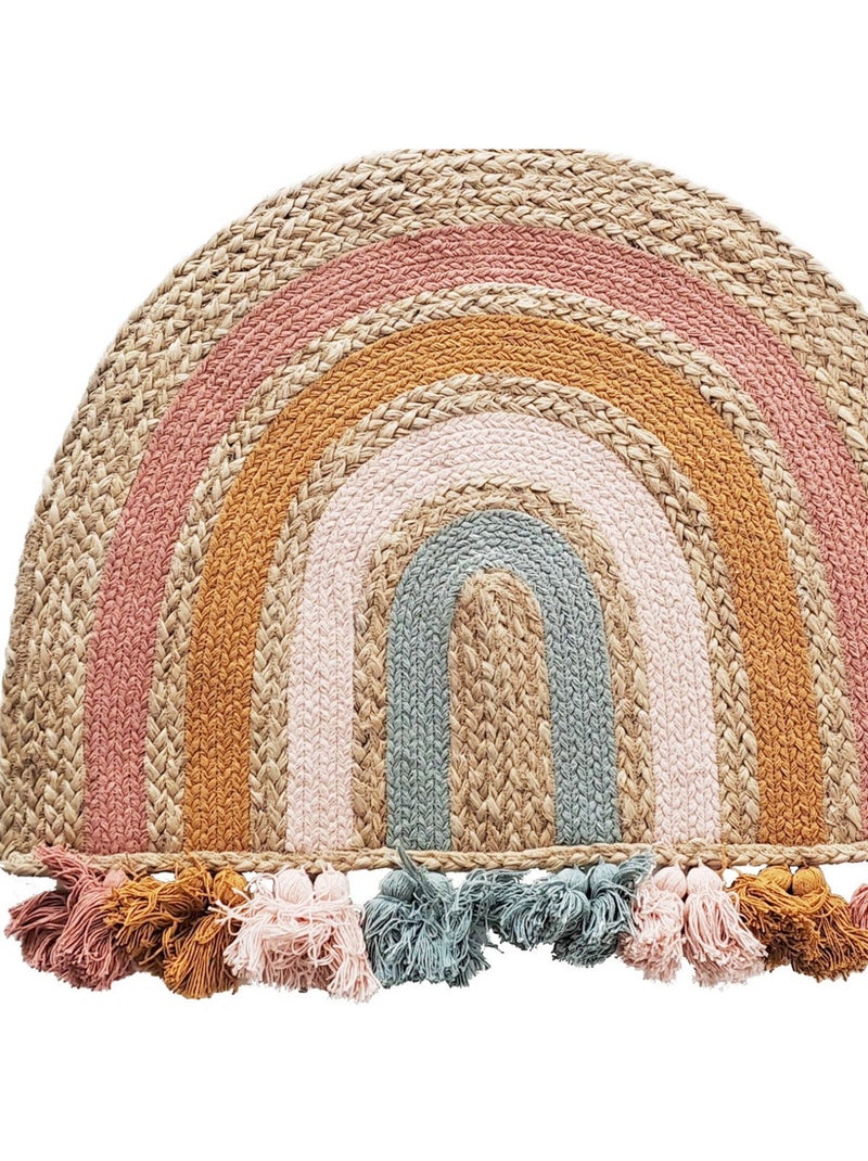 Alfombra de salón de yute arcoíris redonda con borlas de colores 72 x 52 cm – Future Home Multicolor - Kiabi