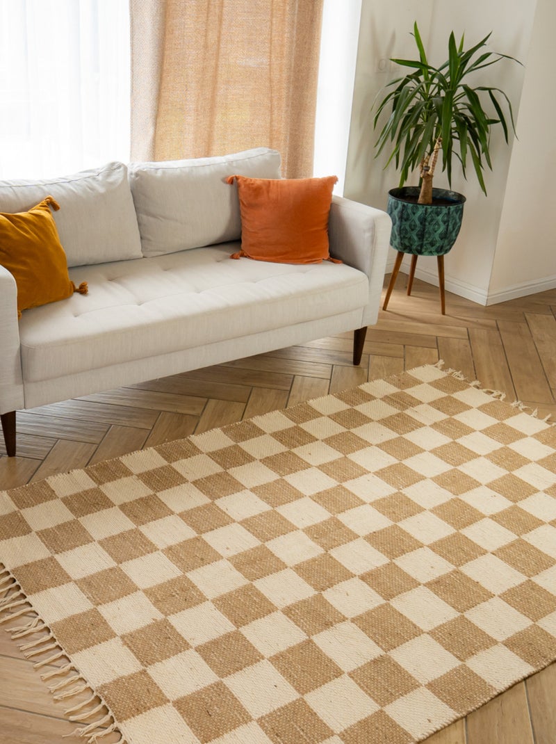 Alfombra decorativa damero 140x200 cm yute y algodón con flecos Future Home Beige - Kiabi