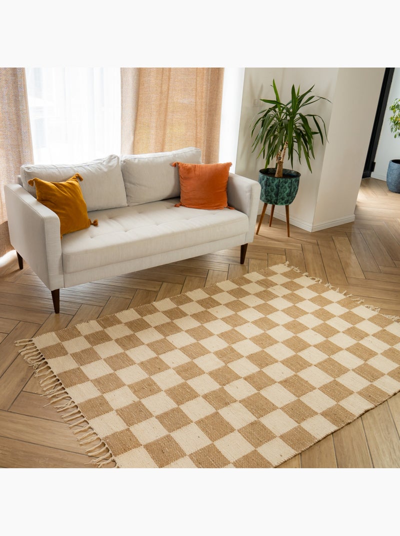 Alfombra decorativa damero 140x200 cm yute y algodón con flecos Future Home Blanco Beige Gris - Kiabi