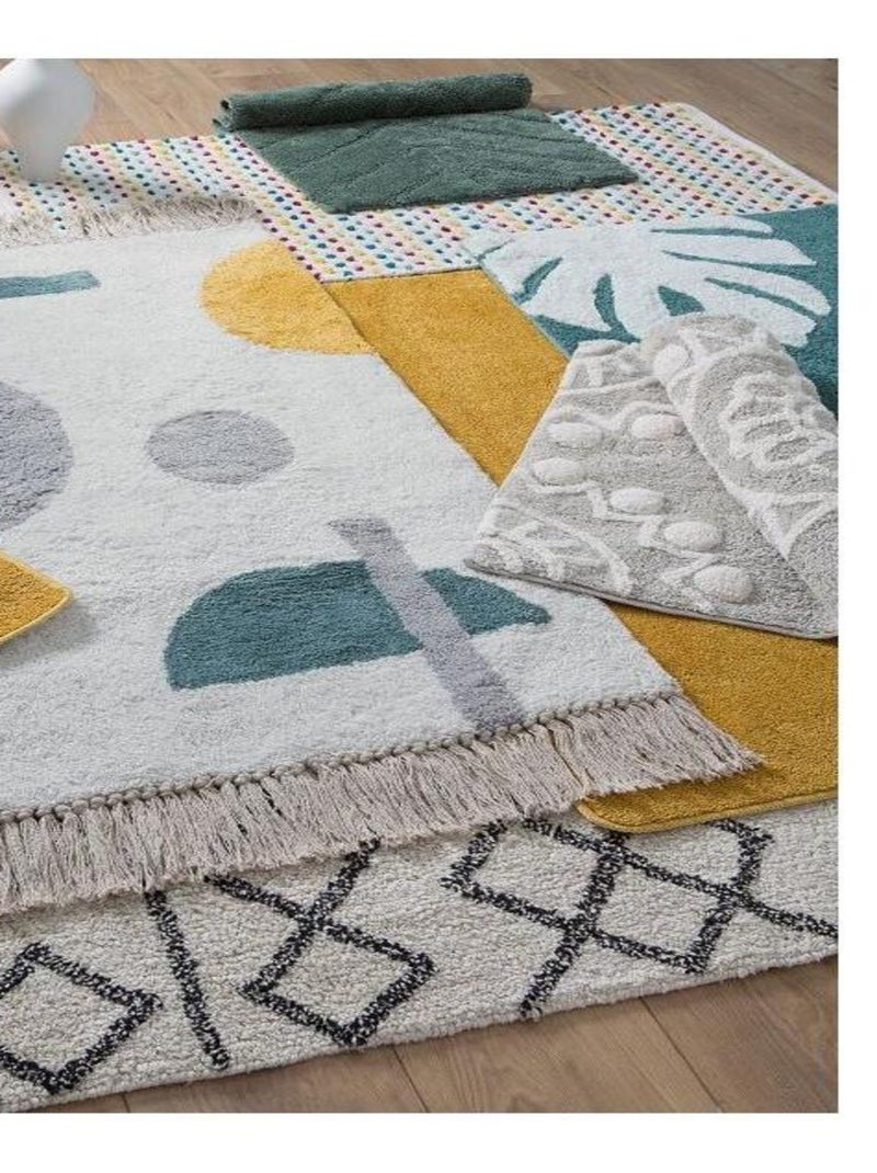 Alfombra decorativa de algodón con flecos y motivo abstracto 60x120 cm Guy Levasseur Blanco - Kiabi