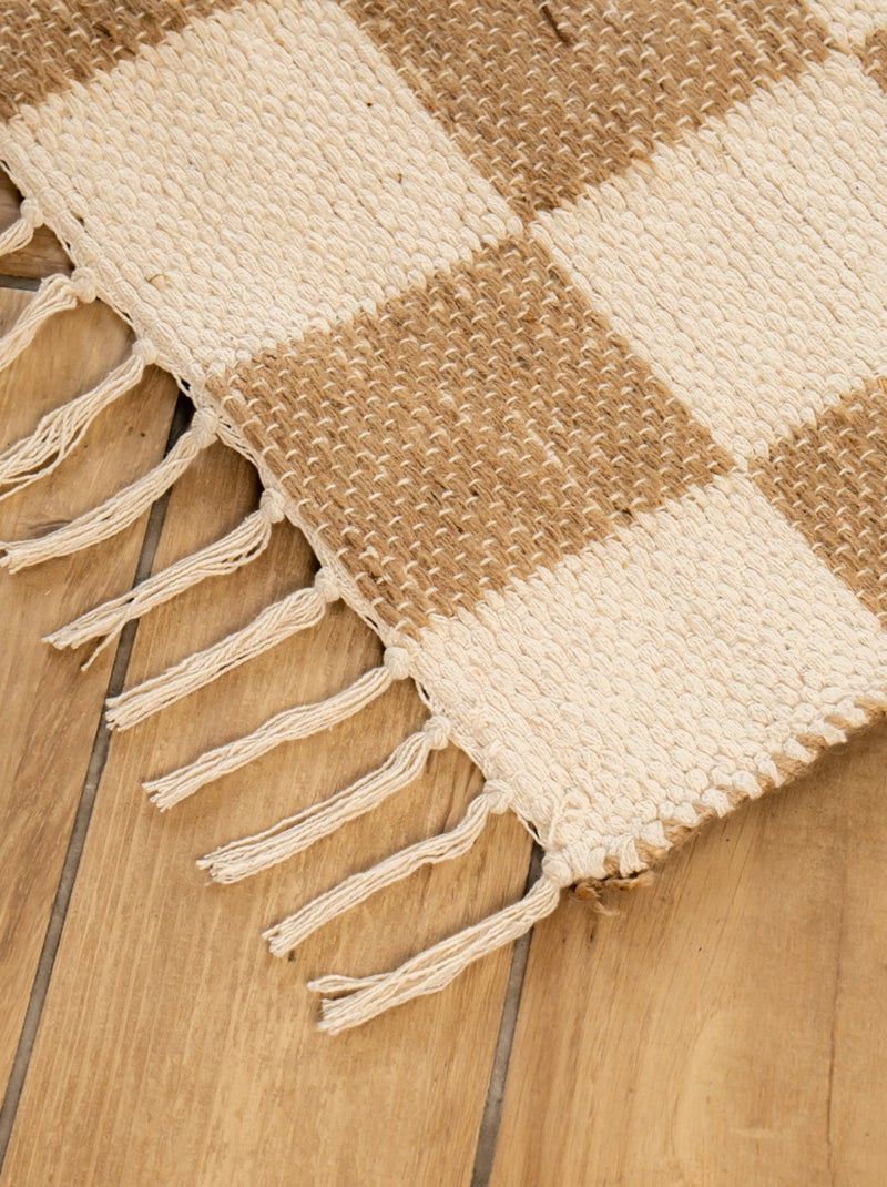 Alfombra decorativa “Future Home” en damero de yute y algodón con flecos 140 x 200 cm Beige - Kiabi