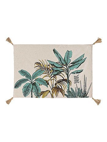 Alfombra estampada con motivos de follaje exótico y pompones