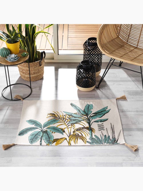 Alfombra estampada con motivos de follaje exótico y pompones - Kiabi Alfombra estampada con motivos de follaje exótico y pompones - Kiabi