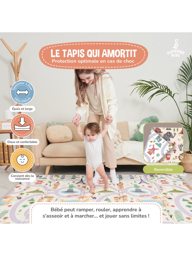 Alfombra plegable bebés, espuma, reversible e impermeable 200 x 180 x 1,5 MONUMENTS | SUPERBE BEBE Blanco Marrón Gris - Kiabi