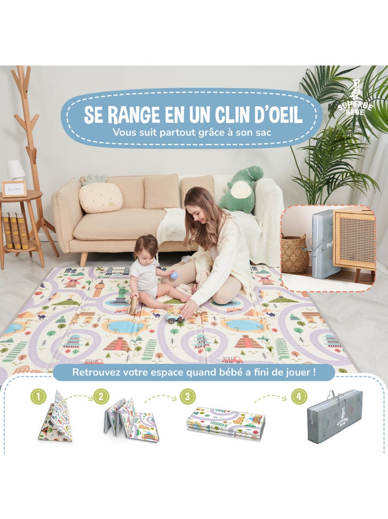 Alfombra plegable bebés, espuma, reversible e impermeable 200 x 180 x 1,5 MONUMENTS | SUPERBE BEBE Blanco Marrón Gris - Kiabi