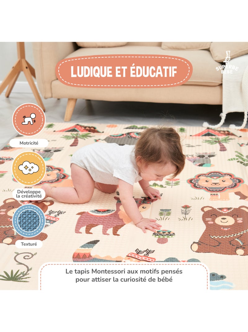 Alfombra plegable bebés, espuma, reversible e impermeable 200 x 180 x 1,5 MONUMENTS | SUPERBE BEBE Blanco Marrón Gris - Kiabi