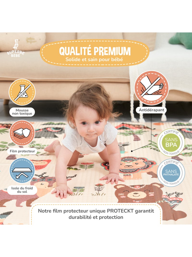 Alfombra plegable bebés, espuma, reversible e impermeable 200 x 180 x 1,5 MONUMENTS | SUPERBE BEBE Blanco Marrón Gris - Kiabi