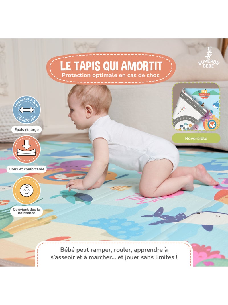 Alfombra plegable bebés, reversible e impermeable, de espuma - 180 x 150 x 1 - SEA | SUPERBE BEBE Azul ultramar - Kiabi