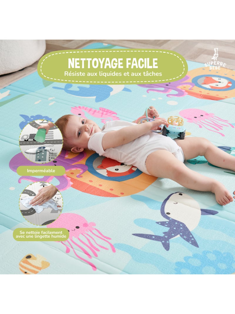 Alfombra plegable bebés, reversible e impermeable, de espuma - 180 x 150 x 1 - SEA | SUPERBE BEBE Azul ultramar - Kiabi