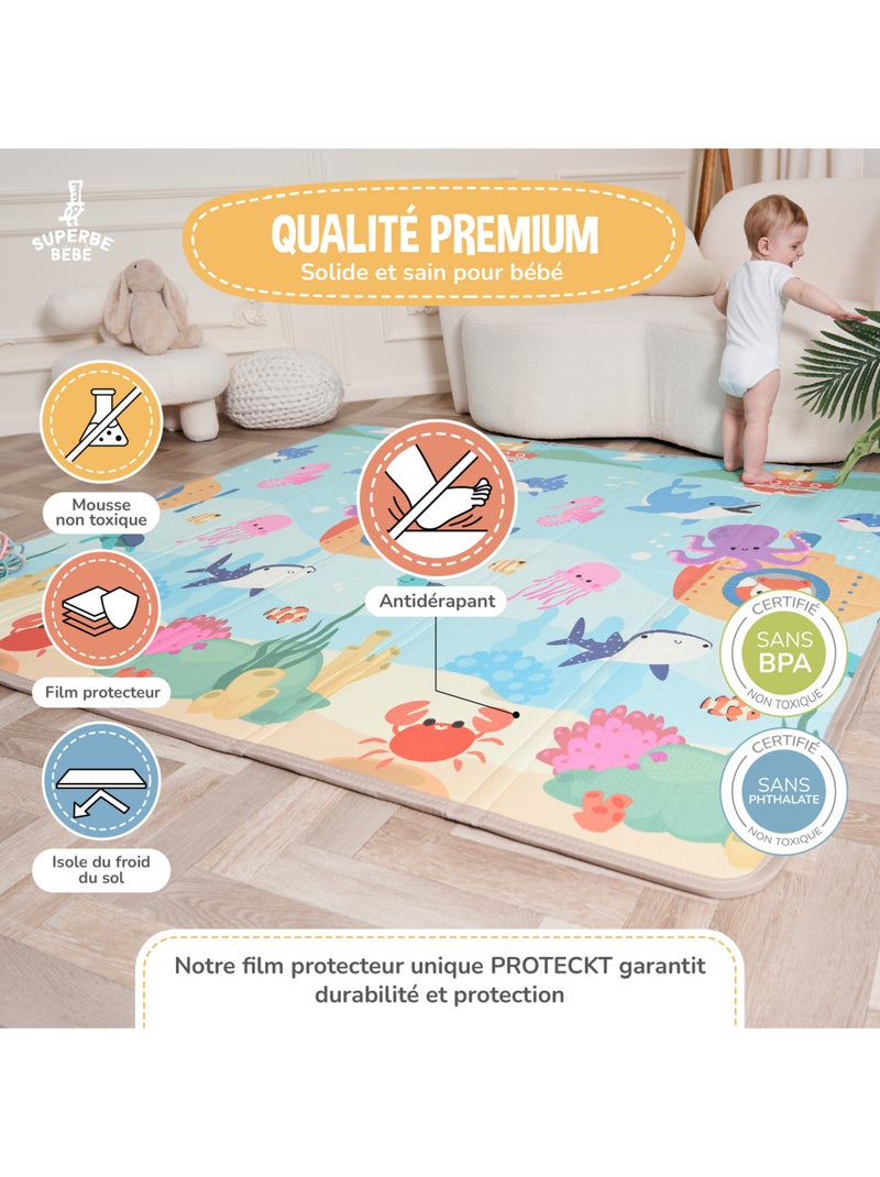 Alfombra plegable bebés, reversible e impermeable, de espuma - 180 x 150 x 1 - SEA | SUPERBE BEBE Azul ultramar - Kiabi