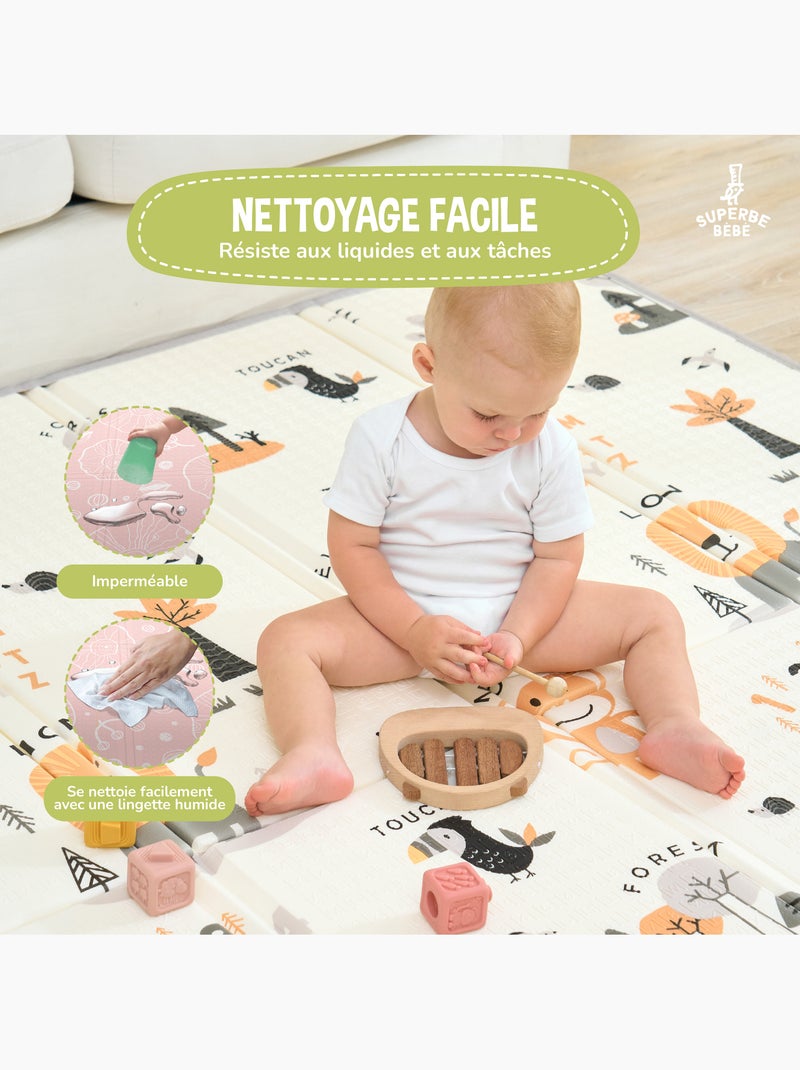 Alfombra plegable bebés, reversible e impermeable, espuma - 180 x 150 x 1 - JUNGLE | SUPERBE BEBE Blanco Verde claro Azul - Kiabi