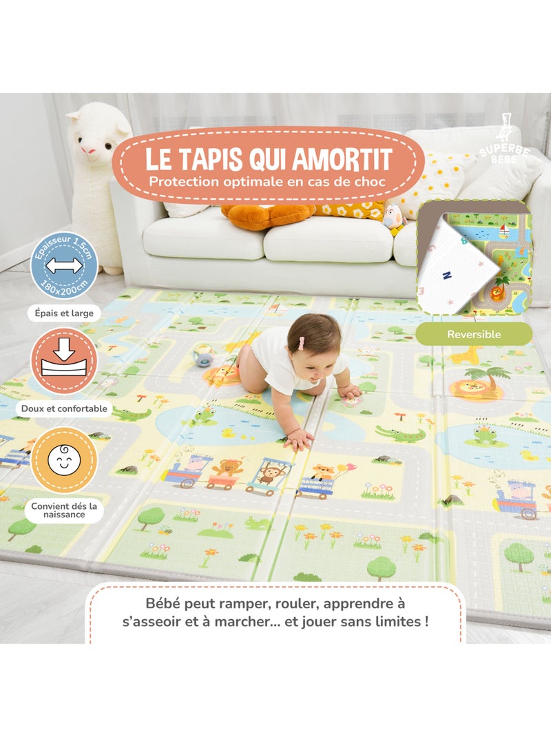 Alfombra plegable bebés, reversible e impermeable, espuma - 180 x 150 x 1 - ROAD | SUPERBE BEBE Blanco Verde claro - Kiabi