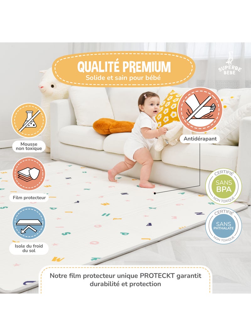 Alfombra plegable bebés, reversible e impermeable, espuma - 180 x 150 x 1 - ROAD | SUPERBE BEBE Blanco Verde claro - Kiabi