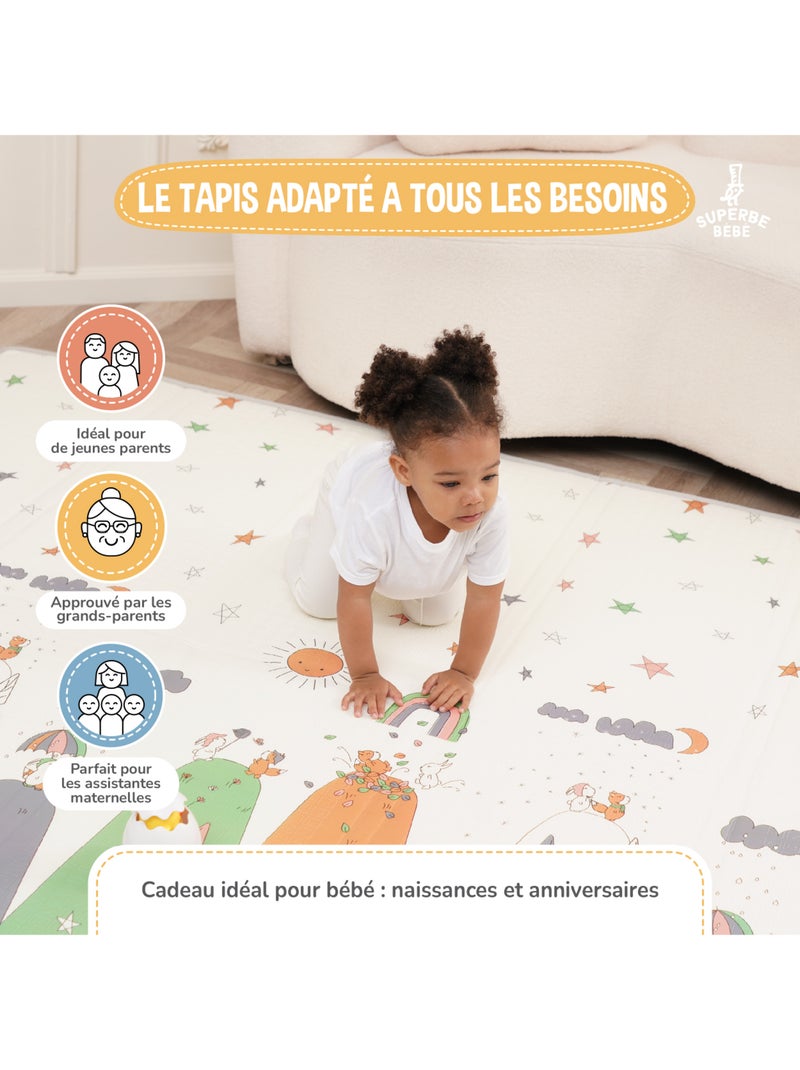 Alfombra plegable bebés, reversible e impermeable, espuma - 200 x 180 x 1,5 - DINO | SUPERBE BEBE Blanco Naranja Blanco - Kiabi