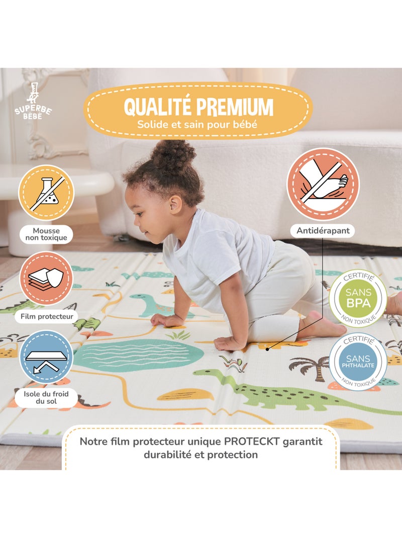 Alfombra plegable bebés, reversible e impermeable, espuma - 200 x 180 x 1,5 - DINO | SUPERBE BEBE Blanco Naranja Blanco - Kiabi