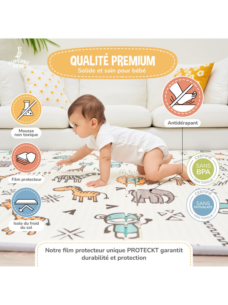 Alfombra plegable bebés, reversible e impermeable, espuma - 200 x 180 x 1,5 - FOX | SUPERBE BEBE Blanco Naranja - Kiabi