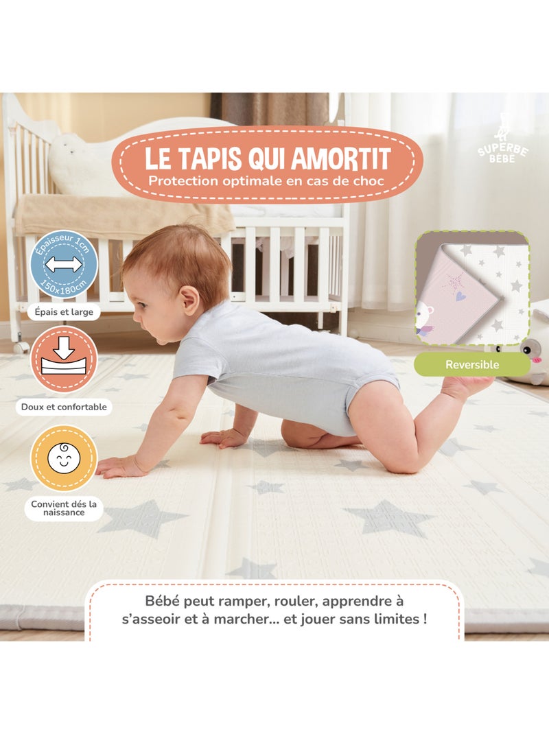 Alfombra plegable bebés, reversible e impermeable, espuma 180 x 150 x 1 PINK PANDA | SUPERBE BEBE Blanco Rosa - Kiabi