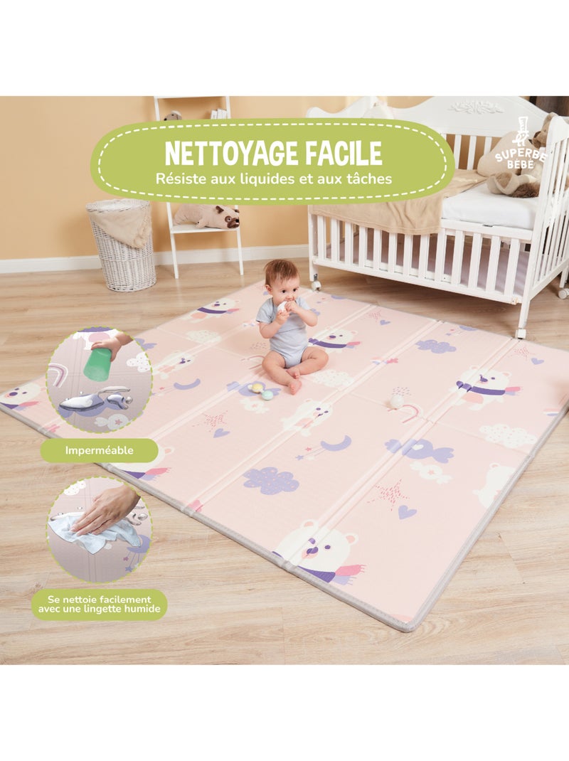 Alfombra plegable bebés, reversible e impermeable, espuma 180 x 150 x 1 PINK PANDA | SUPERBE BEBE Blanco Rosa - Kiabi