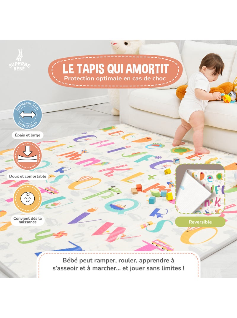 Alfombra plegable bebés, reversible e impermeable, espuma 180 x 150 x 1 SAVANNAH | SUPERBE BEBE Blanco Rosa Azul - Kiabi