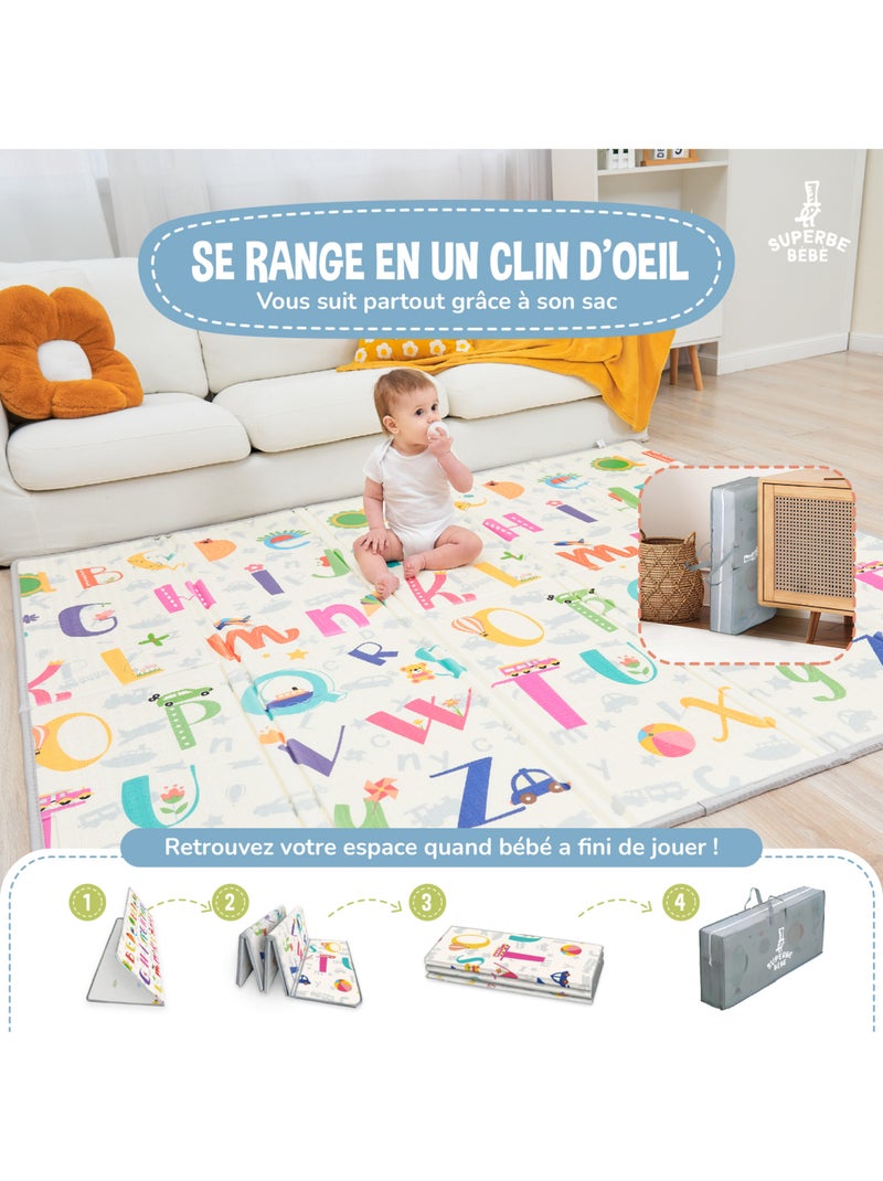 Alfombra plegable bebés, reversible e impermeable, espuma 180 x 150 x 1 SAVANNAH | SUPERBE BEBE Blanco Rosa Azul - Kiabi