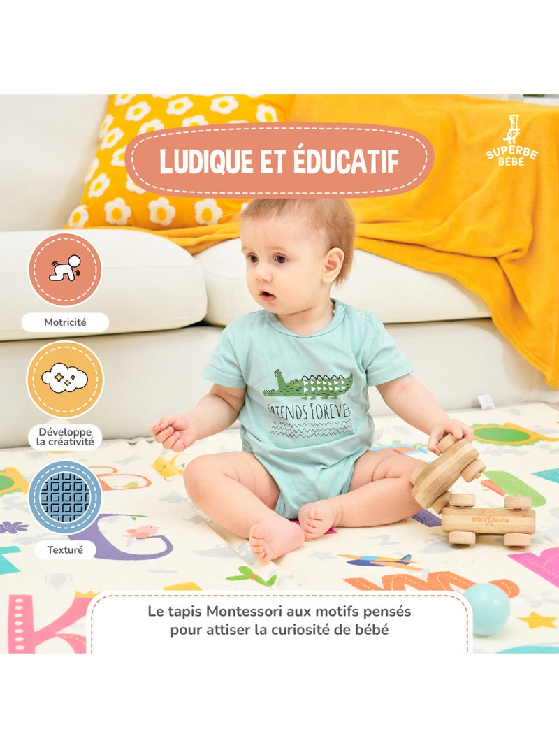 Alfombra plegable bebés, reversible e impermeable, espuma 180 x 150 x 1 SAVANNAH | SUPERBE BEBE Blanco Rosa Azul - Kiabi
