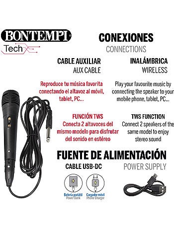 Altavoz inalámbrico c/micrófono y luces 19x15x16 cm bontempi