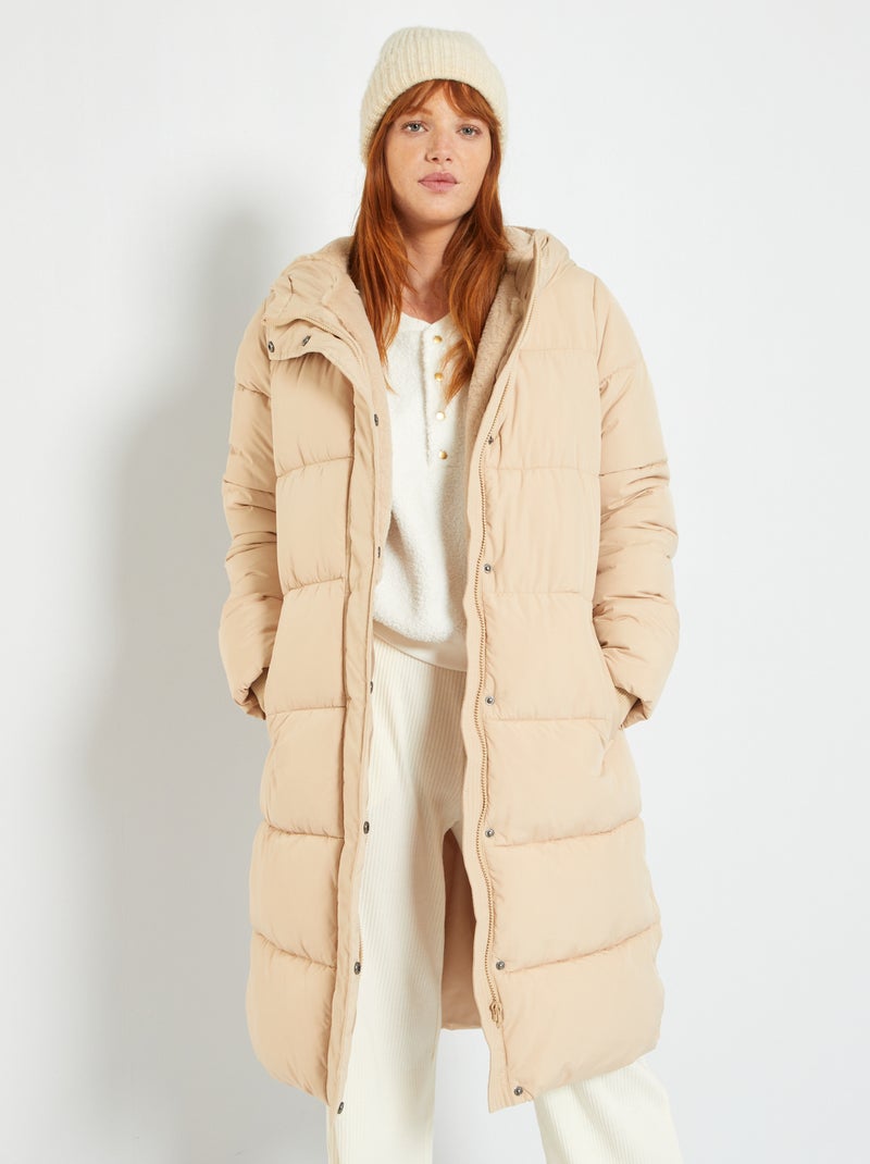 Anorak largo acolchado con capucha beige claro - Kiabi