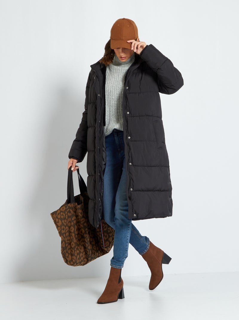 Anorak largo acolchado con capucha Negro - Kiabi