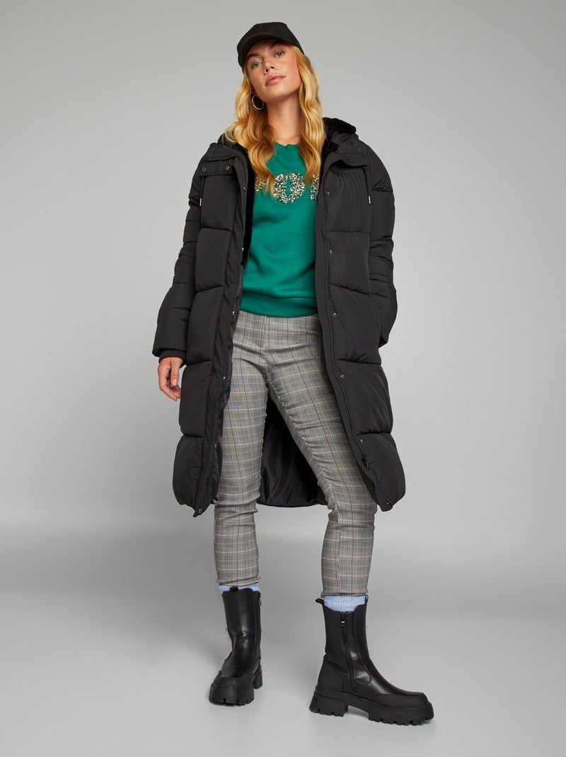 Anorak largo con capucha y bolsillos forrados negro - Kiabi