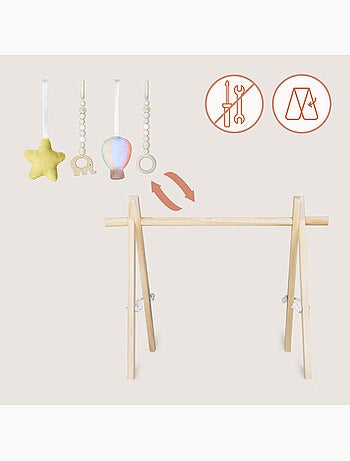 Arco de actividades de madera de anís LIONELO con 4 juguetes - Plegable
