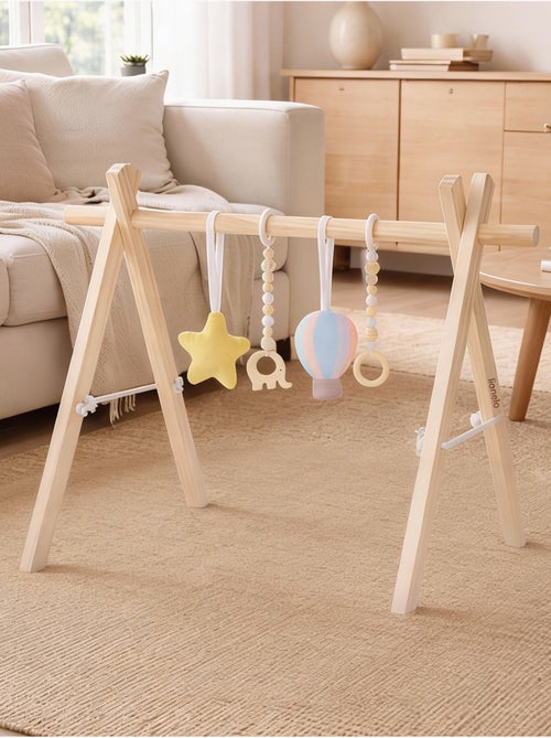 Arco de actividades de madera de anís LIONELO con 4 juguetes - Plegable - Kiabi