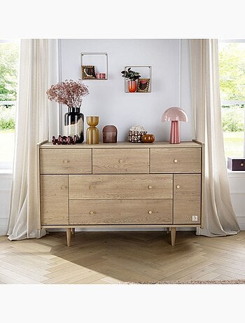 Arcón de 5 cajones con 2 puertas, decoración roble vintage, tiradores - SAUTHON