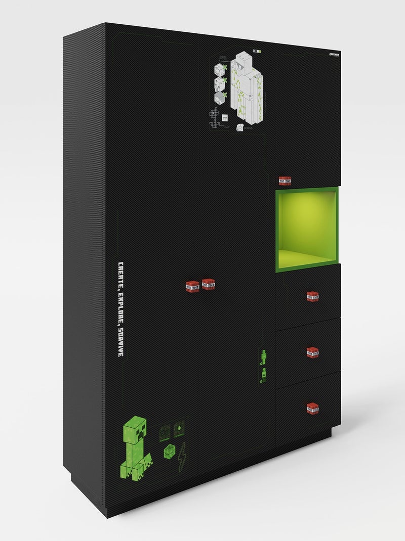 Armario 3 puertas y 3 cajones con LED 'Roba' - Minecraft Negro/Verde/Rojo - Kiabi
