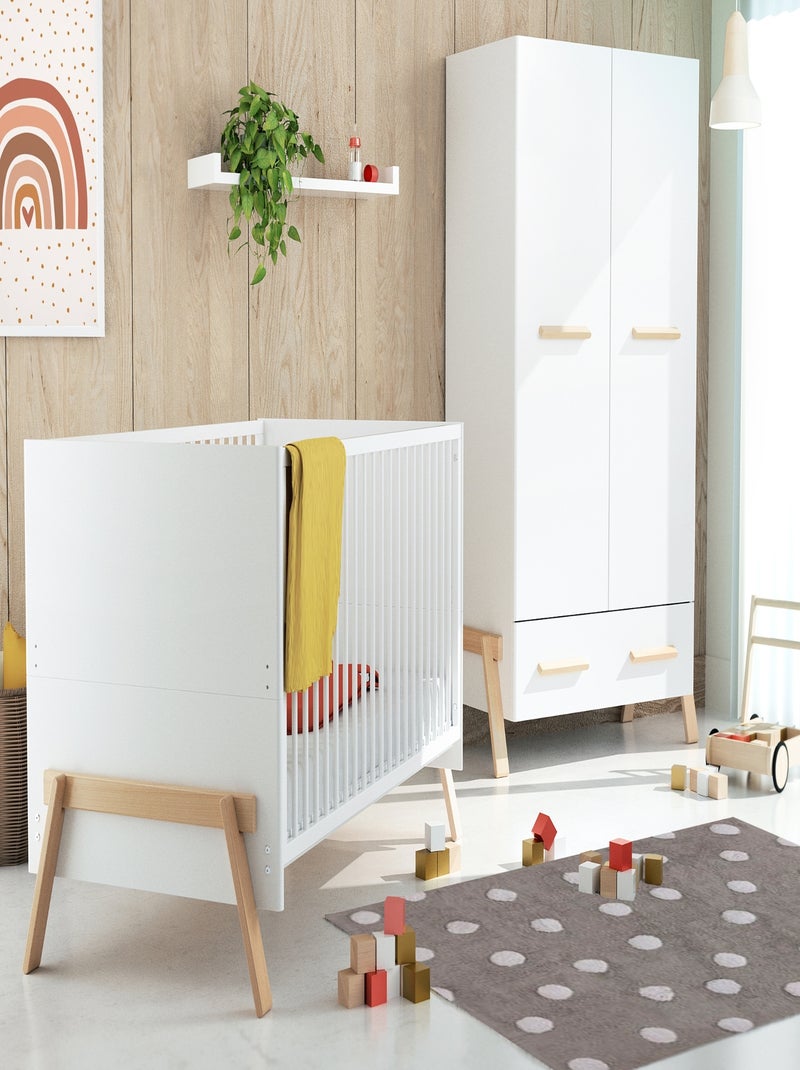 AT4 - Armario infantíl 2 puertas CANAILLE e madera - Blanco/Haya - 108 x 53 x 176 cm Blanco Marrón - Kiabi