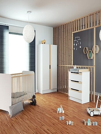 AT4 - Armario infantil 2 puertas CARROUSEL madera - Blanco/Haya Barnizada - 51 x 96 x 176 cm