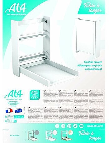 AT4 - Cambiador bebé pared plegable EAZY madera - Blanco - 78 x 56 x 78 cm