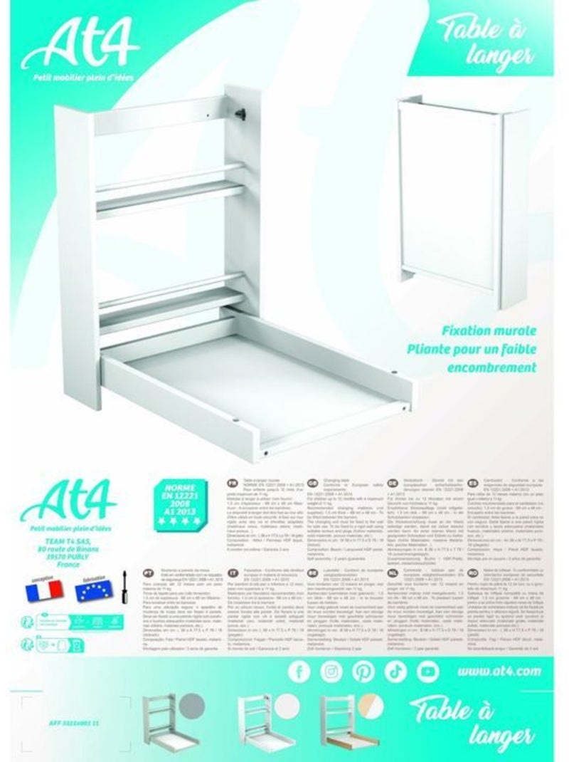 AT4 - Cambiador bebé pared plegable EAZY madera - Blanco - 78 x 56 x 78 cm Blanco - Kiabi