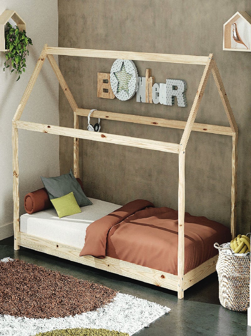 AT4 - Cuna bebé casita madera Cabana - Marrón - 90 x 190 - 195 x 97 x 124 cm Beige - Kiabi