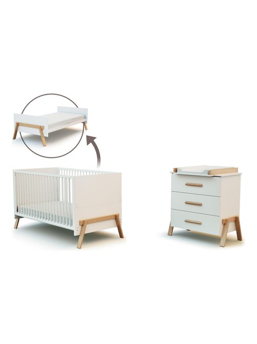 AT4 - Cuna bebé y cómoda cambiador 3 cajones CANAILLE madera - Blanco/Haya - 70 x 140 - Kiabi