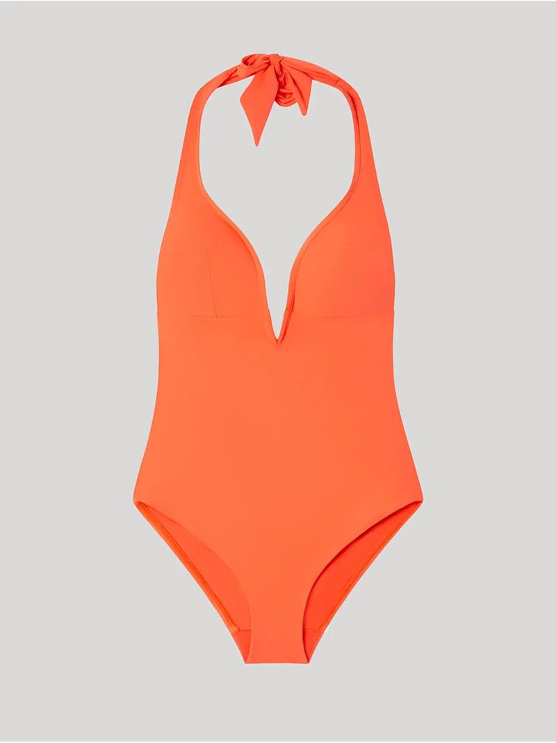 Bañador cuello halter con escote en v y foam extraíble Naranja - Kiabi