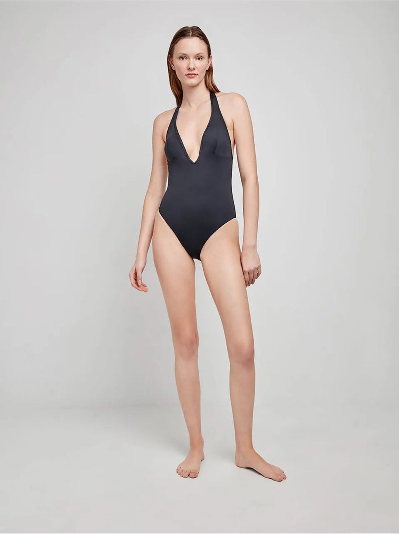 Bañador cuello halter con escote en v y foam extraíble Negro - Kiabi