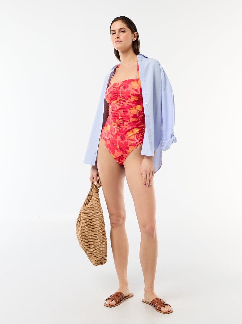 Bañador de 1 pieza bandeau con efecto plisado Naranja - Kiabi
