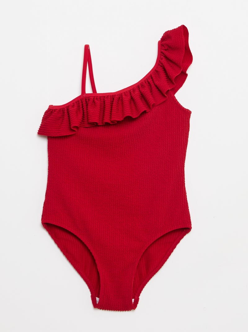 Bañador de 1 pieza con tirantes en un hombro y volantes Rojo - Kiabi